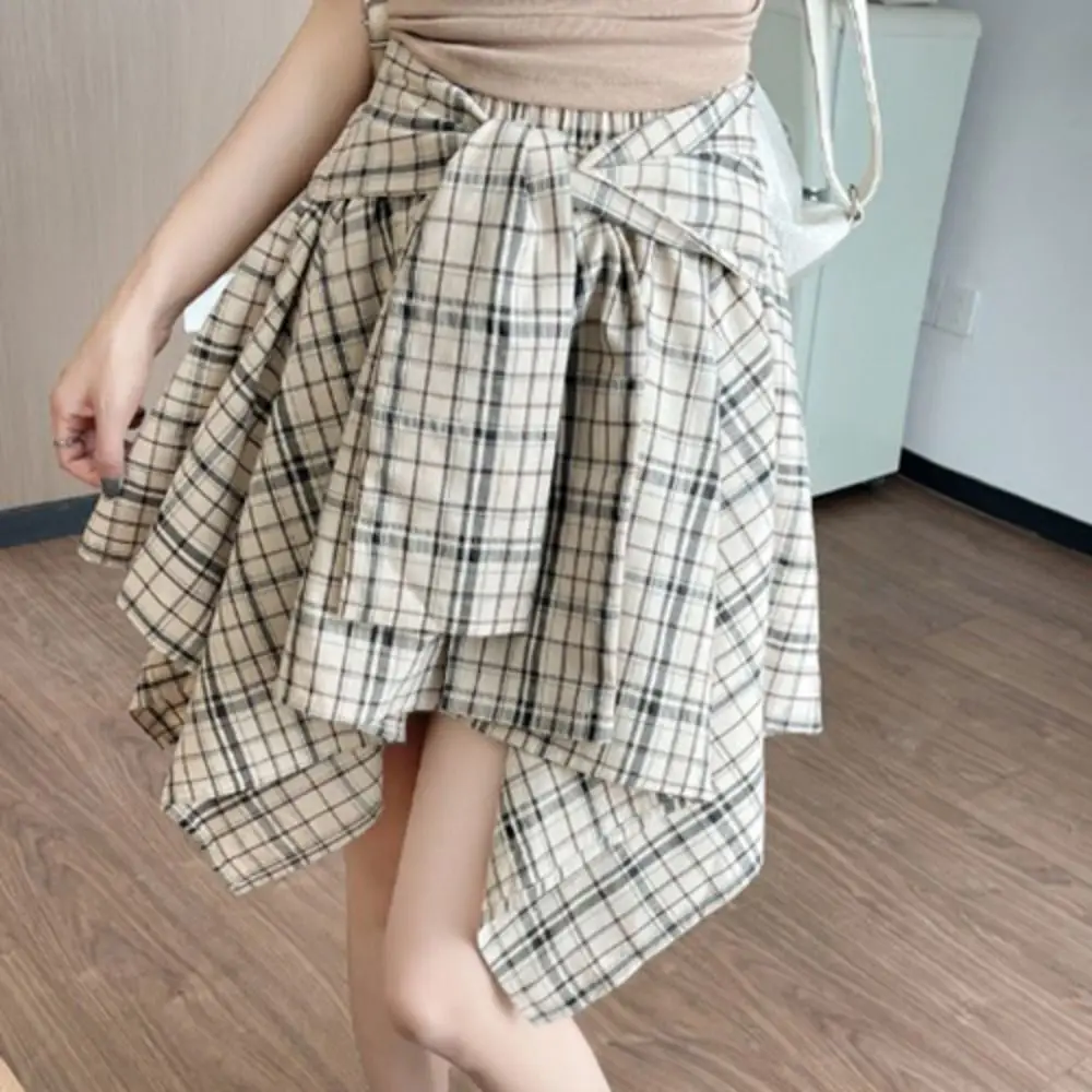 Fashion Irregular Plaid Shirts Skirt Lace-up A-line Fake Two-piece Skirts Spicy Girl Style High Waist Plaid Shorts Skirt Summer