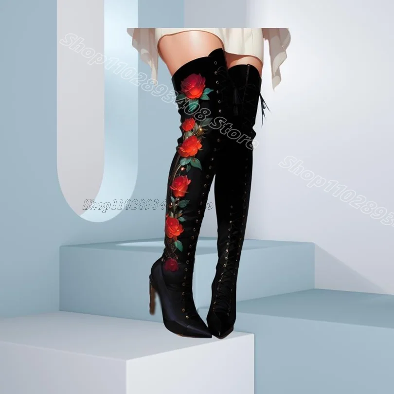 Black Lace Trim Over Knee Boots Pointed Toe British Style New Fashion Design for Women Party Sexy Boots 2025 Zapatos Para Mujere