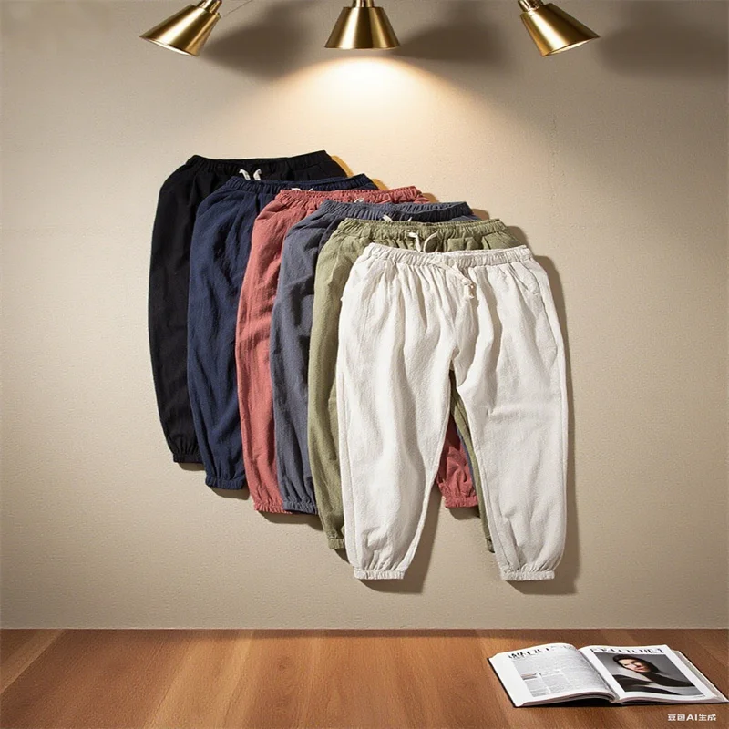 

Cotton and linen harem pants men solid color elastic waist street wear running shoes 2025 new loose low crotch pants