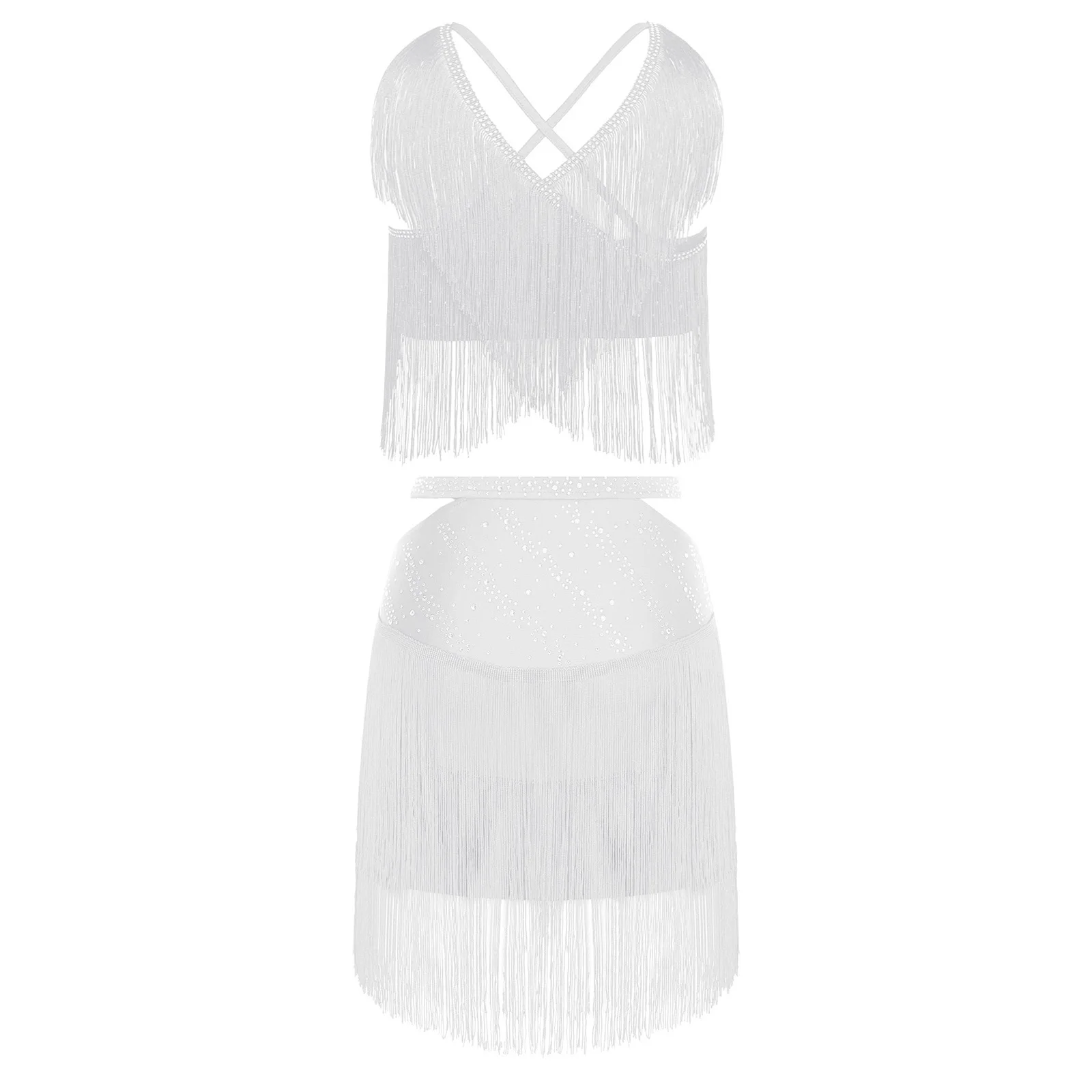 Trajes de baile de Tango latino para mujer, Top corto sin mangas con cuello en V y borlas entrecruzadas en la espalda y falda con cintura elástica recortada, Ropa de baile