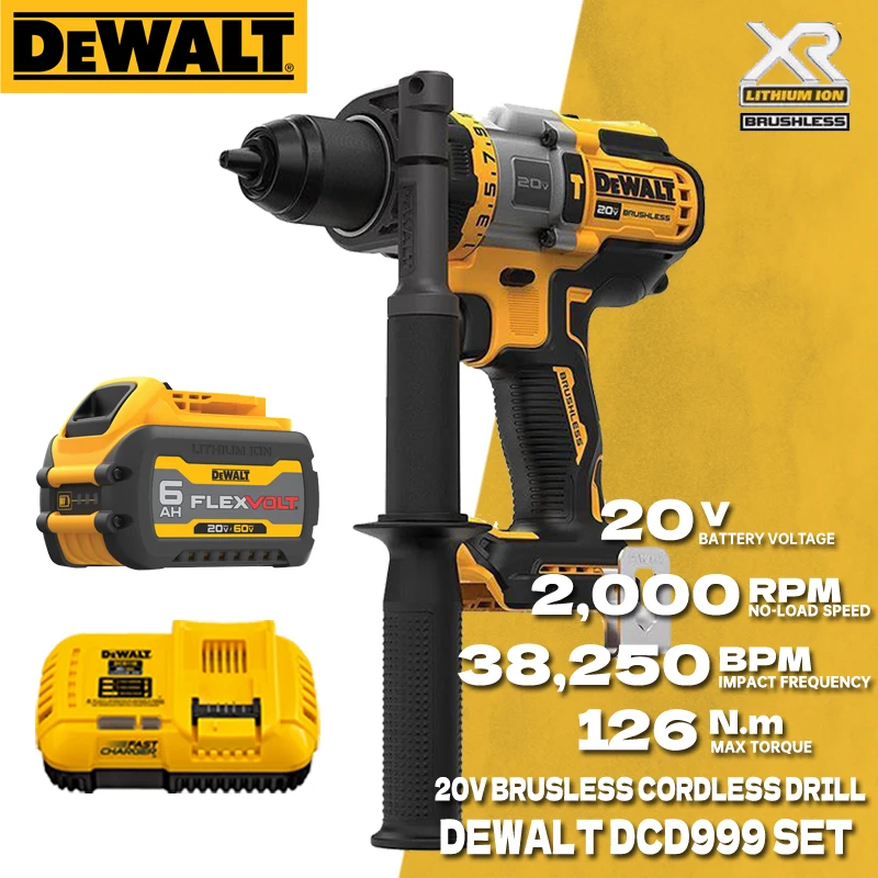 DEWALT DCD999 Cordless Hammer Drill/Driver Kit Flexvolt Advantage Brushless Motor Power Tool Impact Drill With Lithium Battery