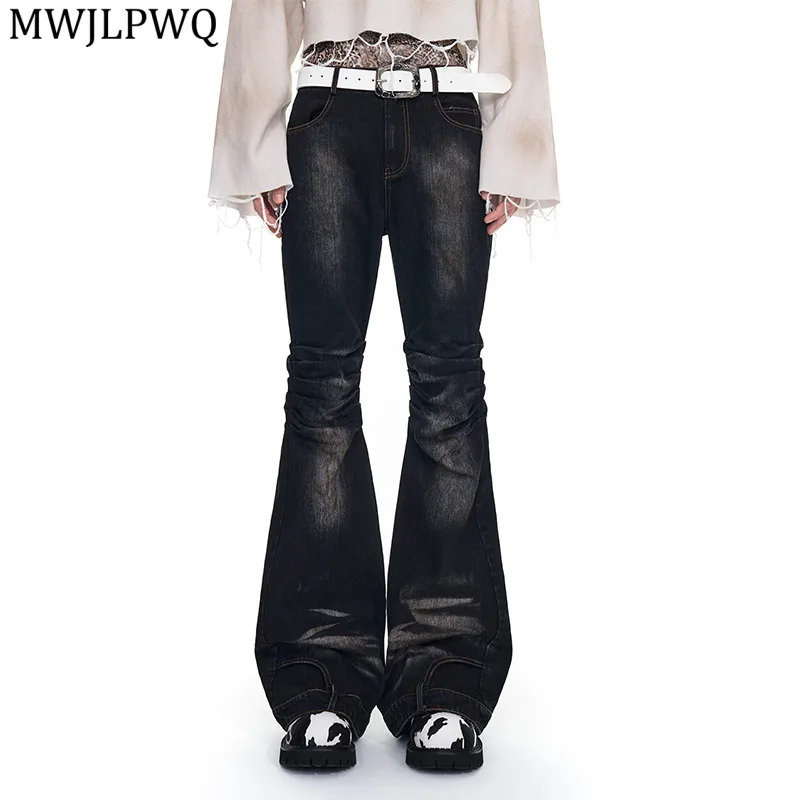 

MWJLPWQ American Style Cat Whiskers Slightly Flared Jeans Men's High Street Pleated De sign Distressed Autumn Casual Pants 11736