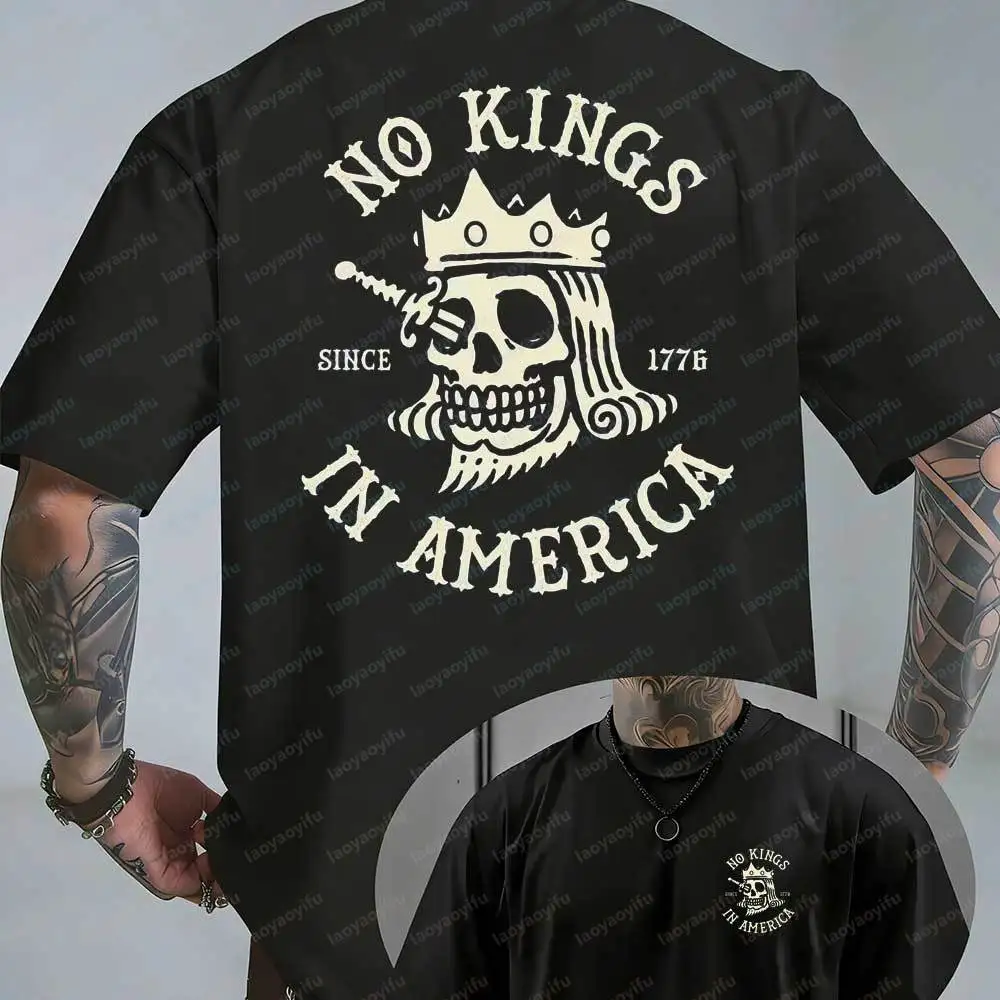 Men's Vintage American Rebel Graphic T-Shirt No Kings in America 1776 Skull Print Oversized Streetwear Short Sleeve Tee Shirts