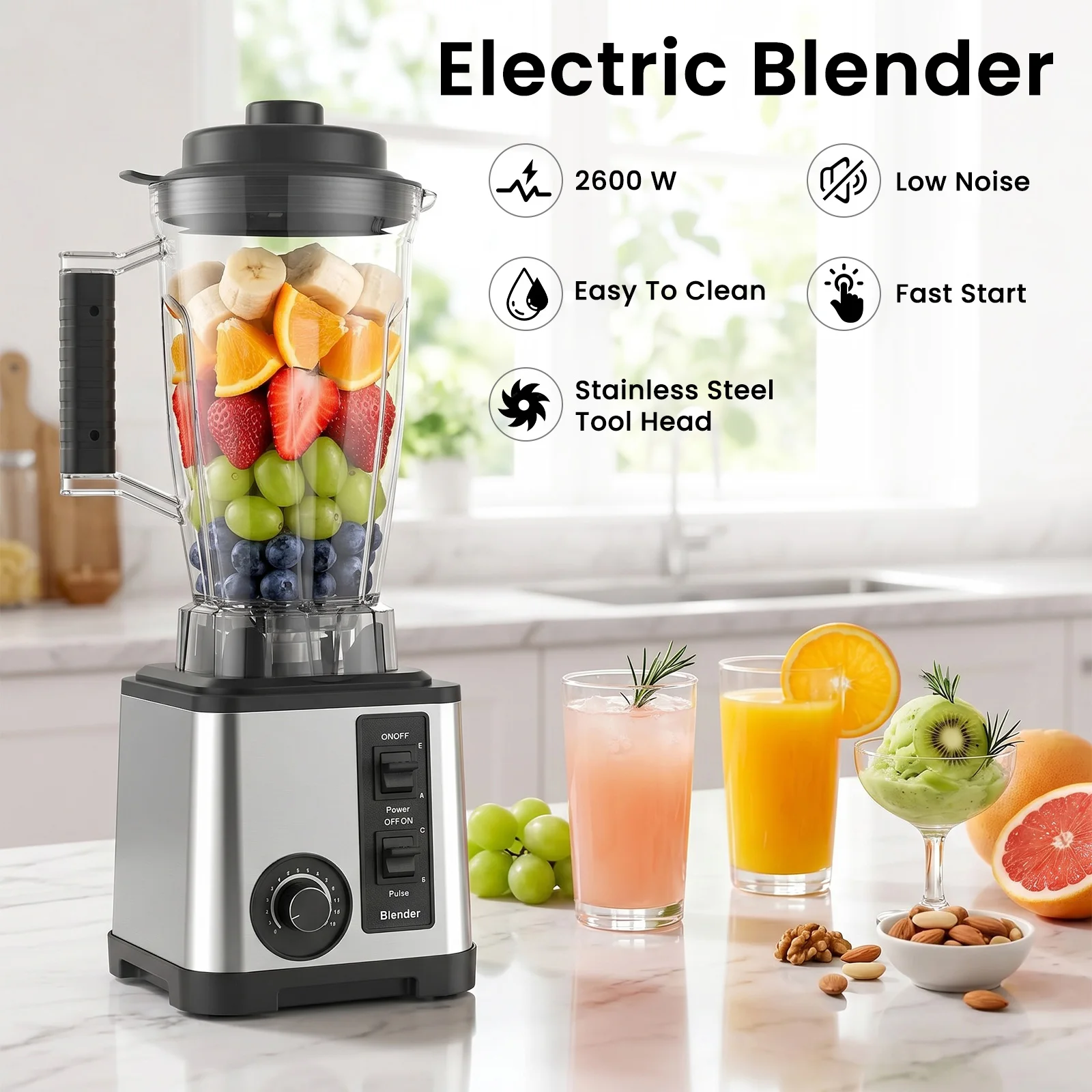 2600W 5-in-1 Mixer und Küchenmaschine Kombi für die Küche Elektrischer Zerkleinerer für Fleisch, Gemüse, Obst, Kaffeebohnen, Eier, Nüsse