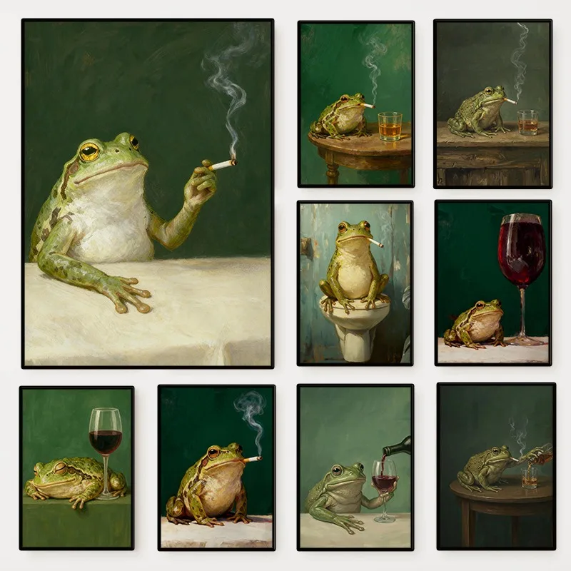 Moody Vintage Poster mit Frosch, der raucht und trinkt, dunkler Humor, Tier-Zigaretten-Leinwandgemälde, Wandkunst für Wohnzimmer und Heimdekoration