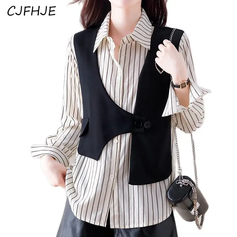 CJFHJE camicetta a righe ricamata in due pezzi finta moda nuova camicetta coreana con colletto rovesciato a maniche lunghe top eleganti