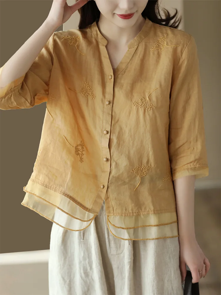 

Summer New Retro Cotton Linen Women's irt Embroidery Chiffon Splicing European Sle Top Korean Version V-ne Five Sve