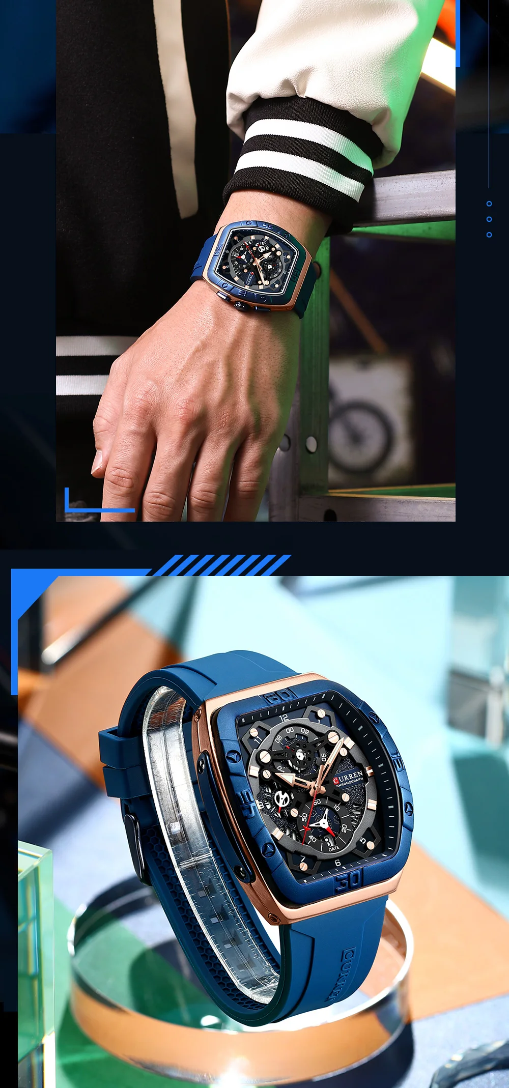 Einzigartige Tonneau-Uhren der Marke CURREN mit großem Zifferblatt, lässige Quarz-Armbanduhr mit Silikonarmband und leuchtendem 8443 – Detail 5