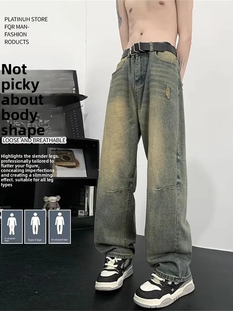 

Мужские джинсы в американском стиле хип-хоп, прямые, с эффектом потертости, модные, из плотной ткани, от трендового бренда