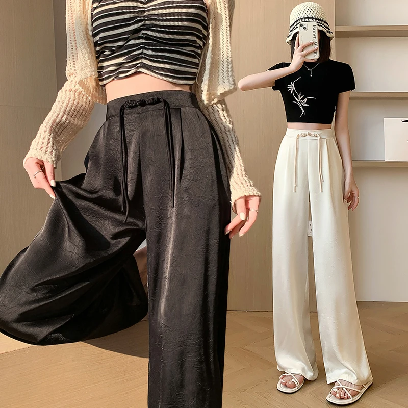 

New Chinese Style Satin Jacquard Wide Leg Pants Women 2024 Spring Summer High Waist Straight Pants Ladies Casual Loose Trousers