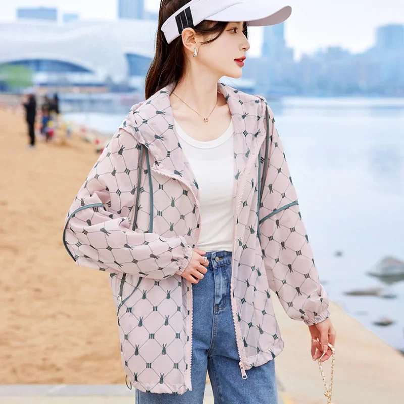 Spring Summer Hooded Long Sleeve Jacket Women Sweatshirt Beach Sun Protection Clothing Korean Fashion Coats Thin Tops Outdoor