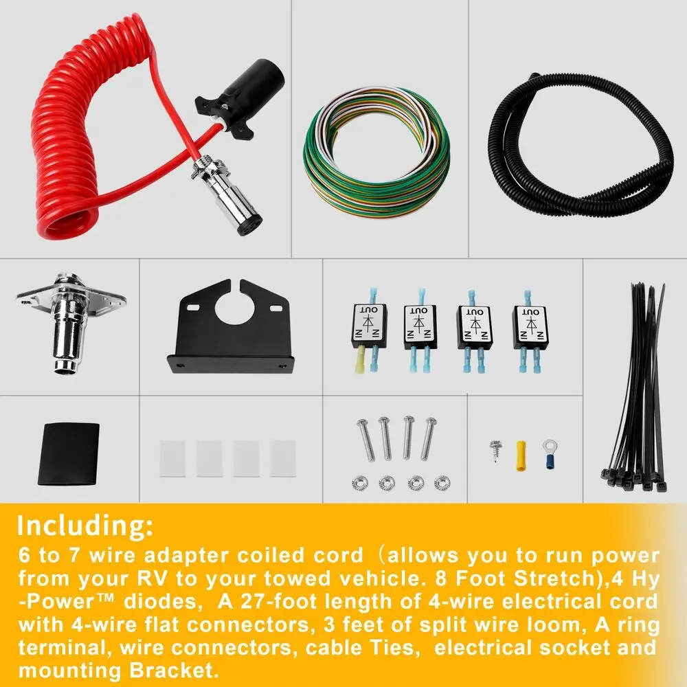 Universal Towed Vehicle Wiring Kit Replacement 15267 For 6 Wire to 7 Wire Combinations Power Cord Cable Ties Wire Connectors Kit