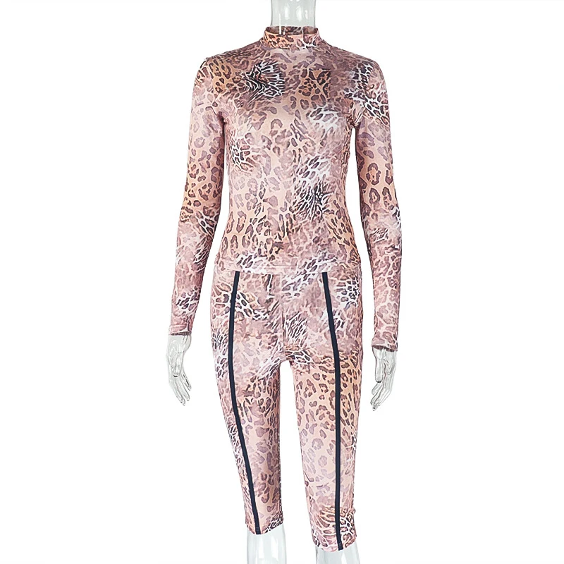 

OMSJ Street Nightclub Style Women's Leopard Printed Matching 2-Piece Outfit Long Sleeve Half High Neck T-shirt+Knee Length Pants
