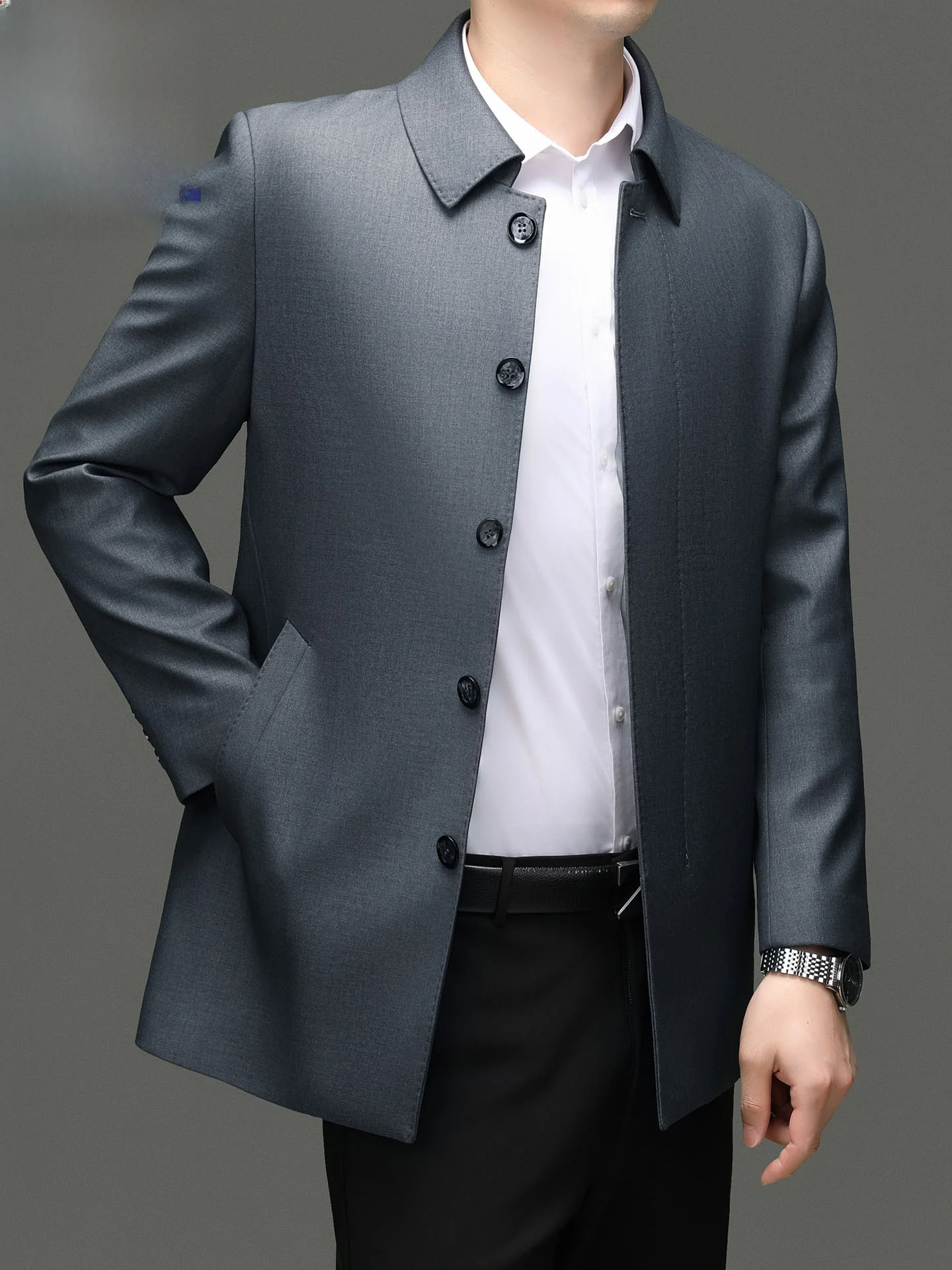 

Свободное мужское пальто с воротником средней длины на весну и осень, деловое повседневное пальто для папы, длинное волокно из полиэстера