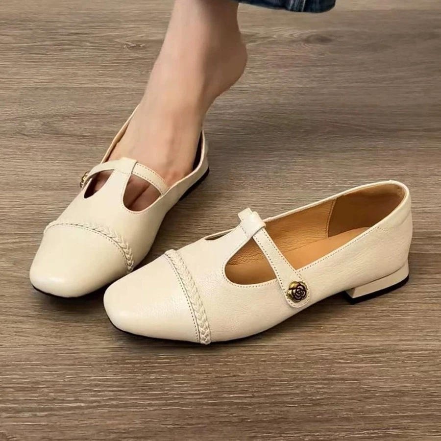 2025 nicho vintage cabeça redonda sapatos de luxo leve moda feminina calçado único botão fechamento e sola oca