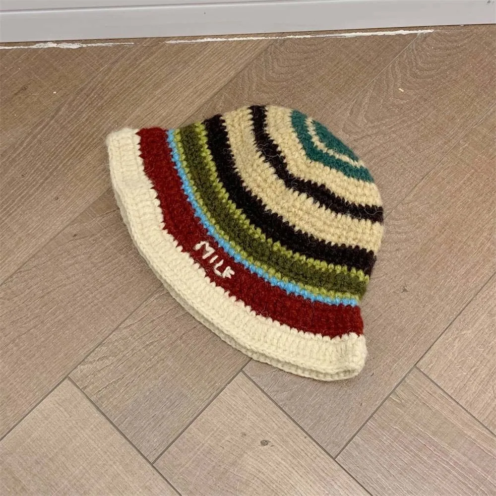 Topi Bucket Rajut Hangat Elegan, Topi Nelayan Bergaris Anti-dingin, Topi Kerja Warna Kontras Tahan Angin, Topi Tenun untuk Perjalanan