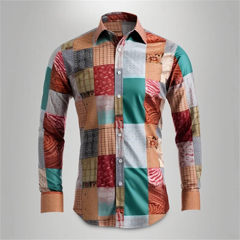 Men's shirt pattern shirt button print long sleeved clothing for daily outings V-neck fashion designer casual and breathable