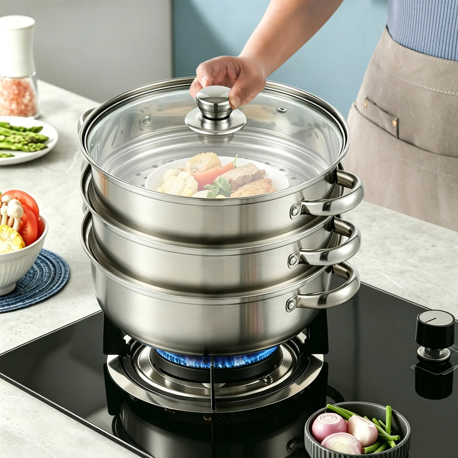 Three-layer Steamer Steamer Three-tier Stainless Steel Steamer 12.8In Large Capacity Explosion-Proof Glass Lid Anti-Scald Riveted Handles Universal For Gas Induction Electric Ceramic Stove Easy To Clean Cookware
