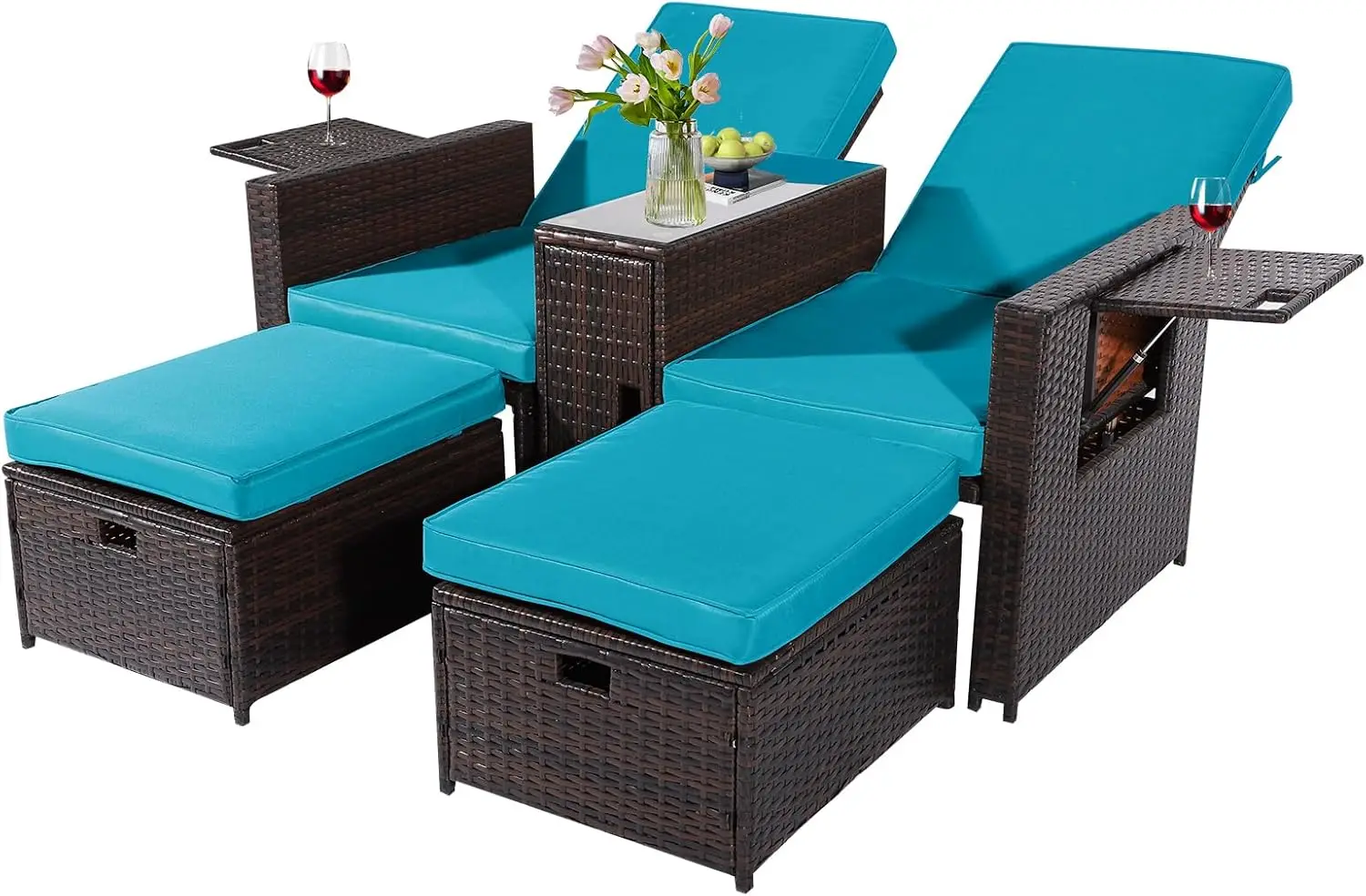 

5PCS Outdoor Wicker Chaise Lounge Chair - Rattan Adjustable Reclining Patio Lounge Chair with Ottoman and Coffee Table, for