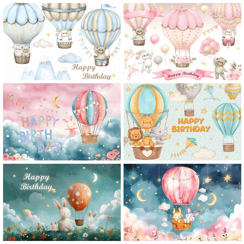 

Baby 1st Birthday Hot Air Balloon Backdrop Wild Animal Party Decor Photography Background Portrait Photographic Photo Studio Set