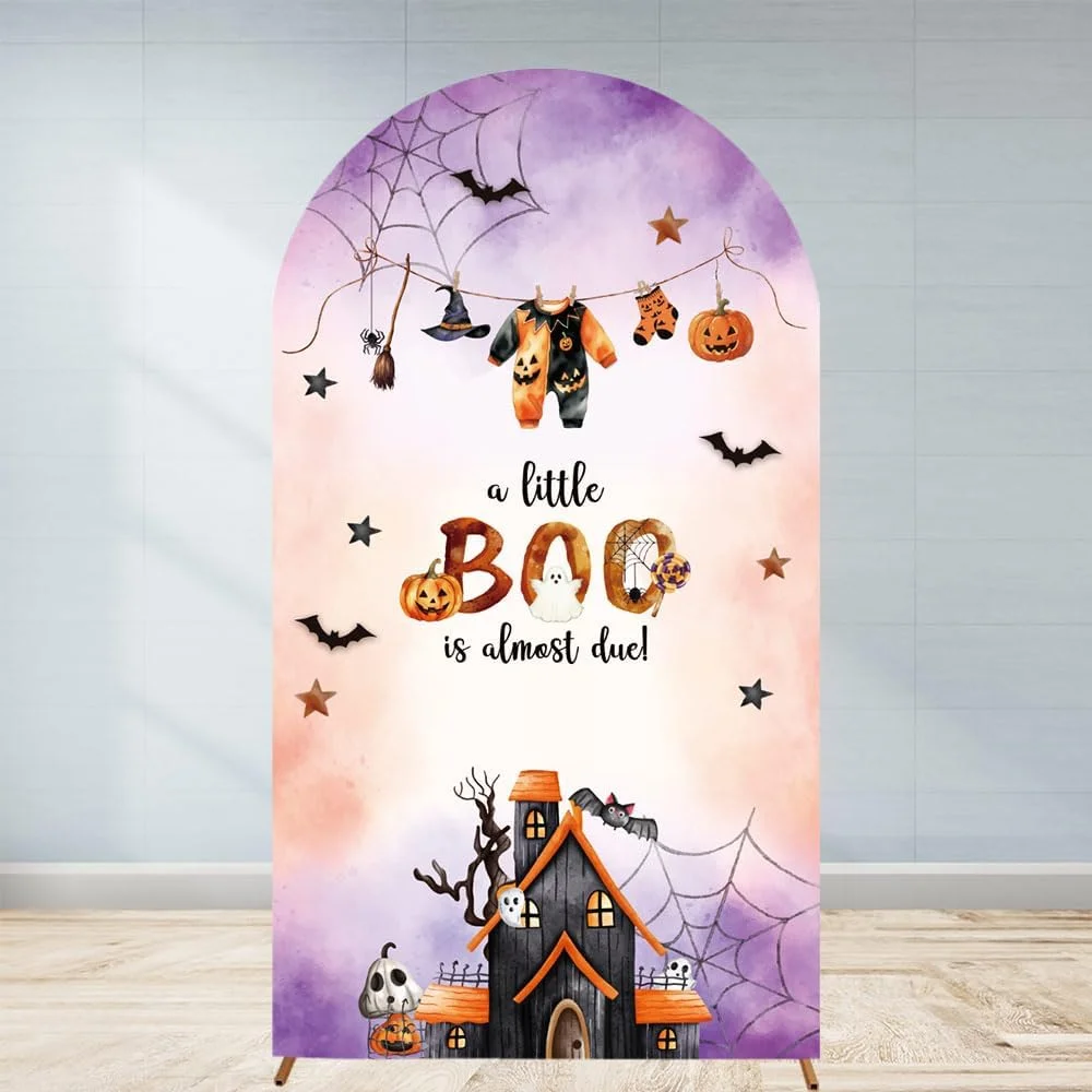 Halloween Baby Shower Arch Backdroop Cover A Little Boo Is Almost Due Boy Girl Gender Neutral Wall Stretchy Fitted Fall Autumn