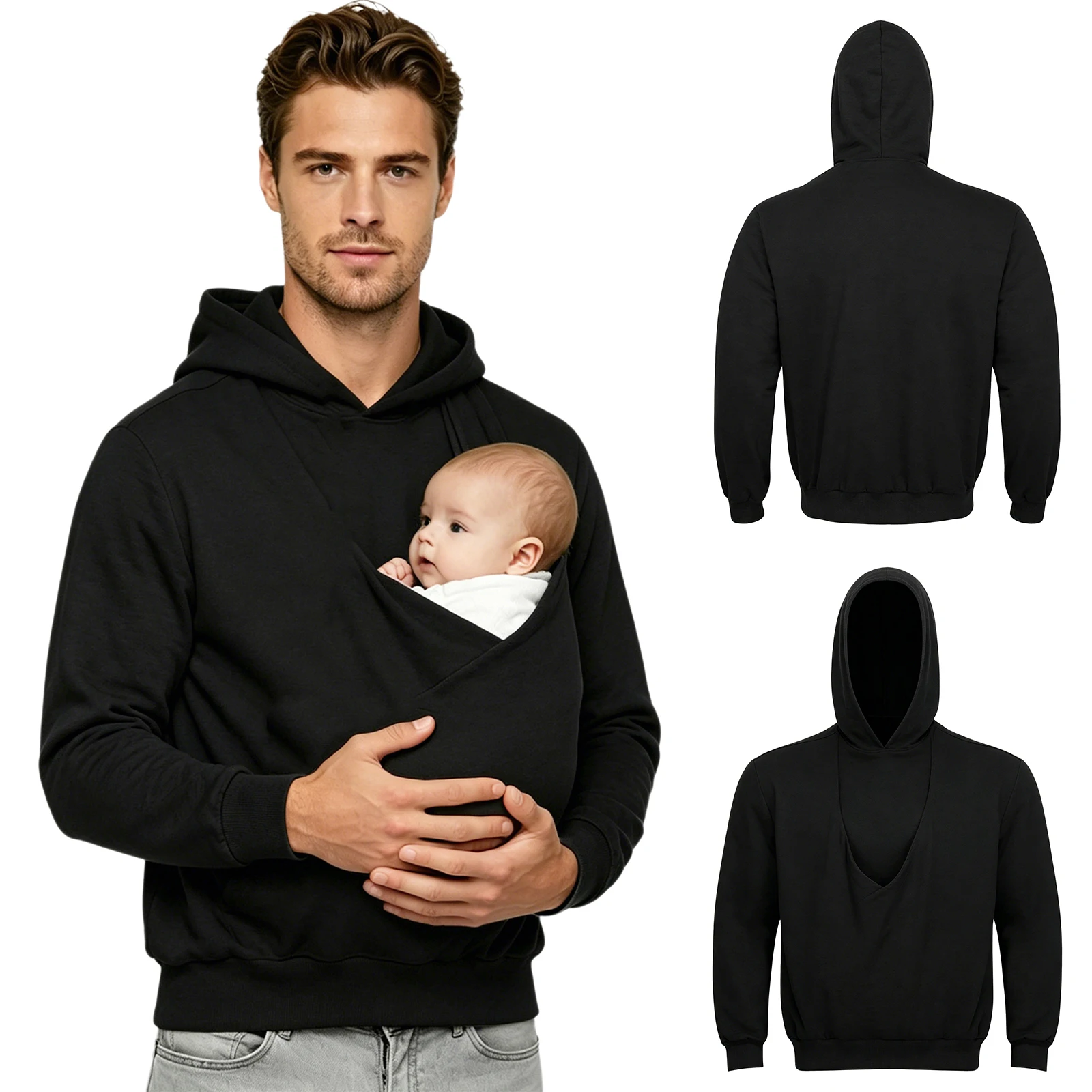 Men Hooded Sweatshirt Kangaroo Jacket Dad and Baby Carrier Hoodie Front Large Pouch Pullover Top for Outing Travel Homewear
