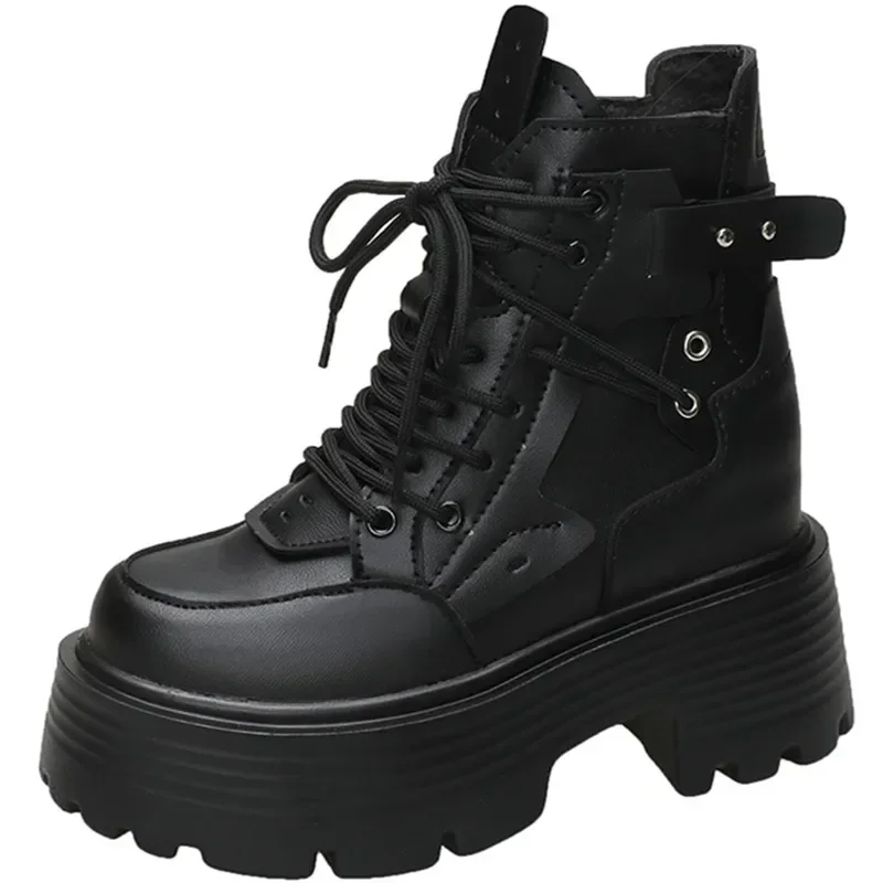 

Women's High Platform Motorcycles Boots Winter 9CM Wedge Heels Warm Ankle Boots Chunky Sneakers New Autumn Leather Shoes Woman