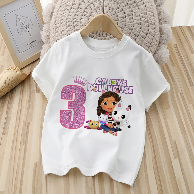 Gabby Dollhouses Kids Cartoon Cute T-shirt Children Anime Printed Clothes Summer Girls Casual Cotton Tops Birthday Number Tees