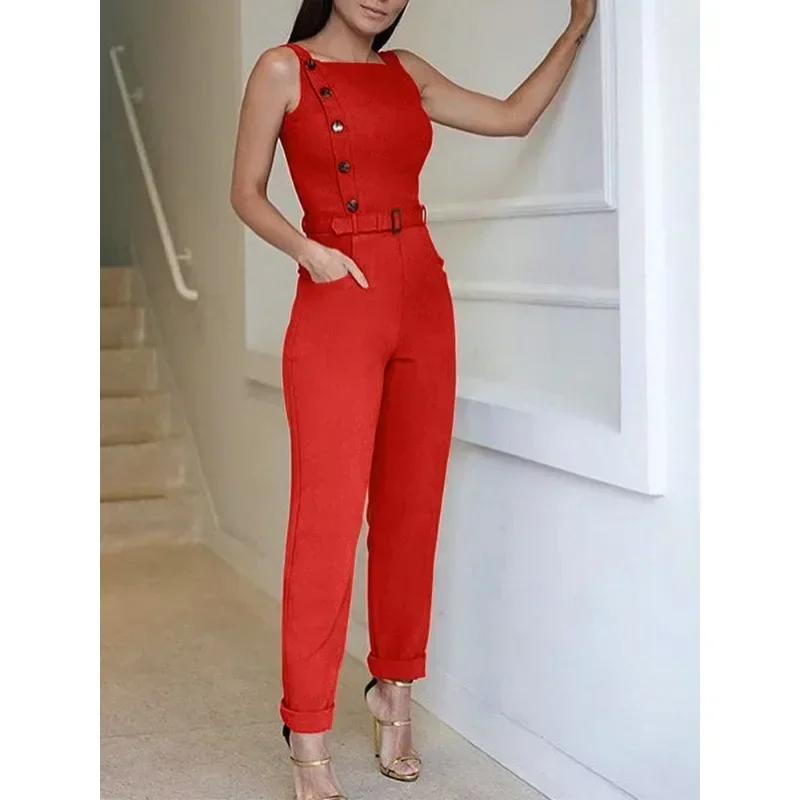 2024 Lente/Zomer Nieuwe Effen Kleur Mouwloze Jumpsuit Met Veters Tot Taille Voor Dames