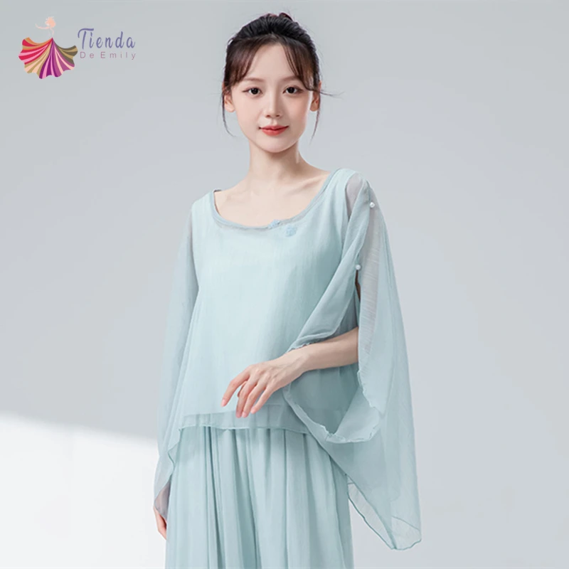 Top da danza classica Camicetta con maniche a pipistrello da donna Orlo irregolare Stile cinese Casual Stage Saree Abbigliamento Costume da spettacolo fluido