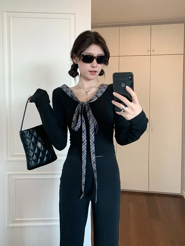 

Женская футболка больших размеров с узлом на одном плече и длинным рукавом, весенне-летний облегающий топ в корейском стиле для повседневной носки