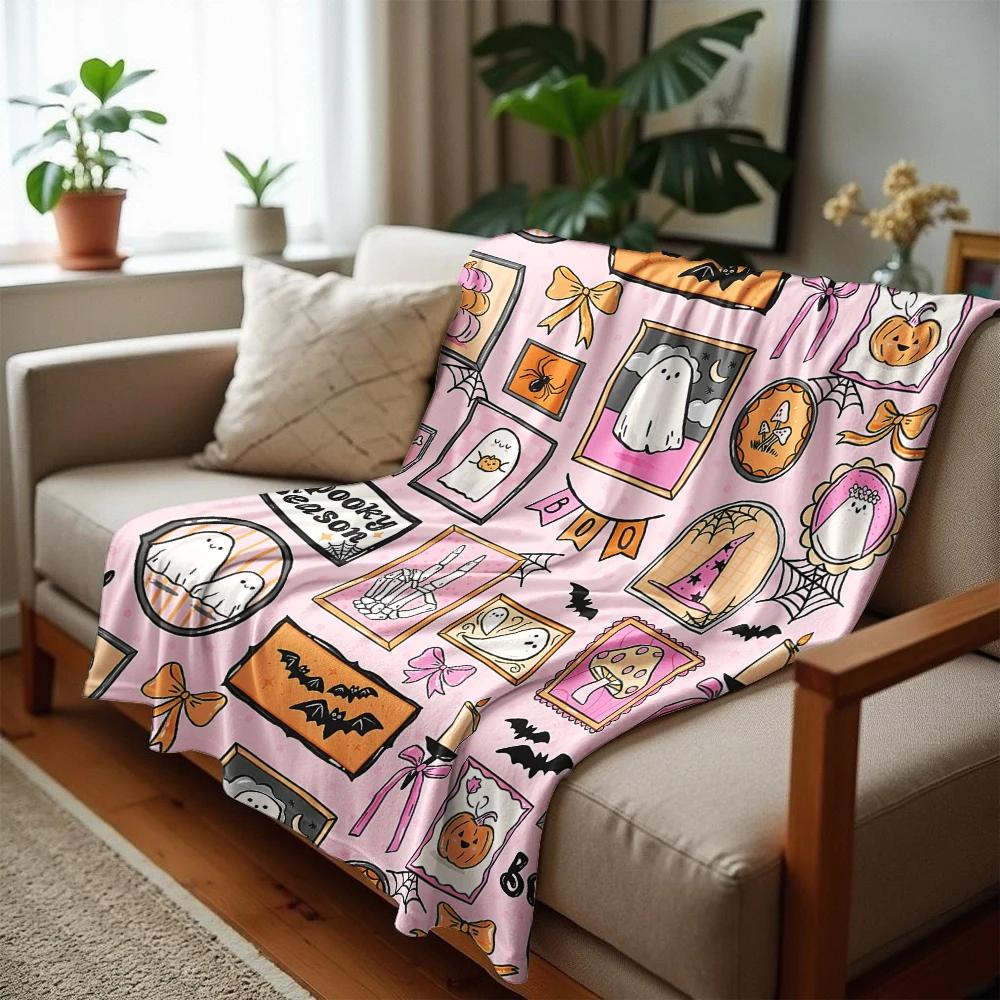Pink Frame Spooky Anime Cartoon Flannel Blanket Soft Warm Throw for Bedroom Sofa Car Kids Holiday Gift