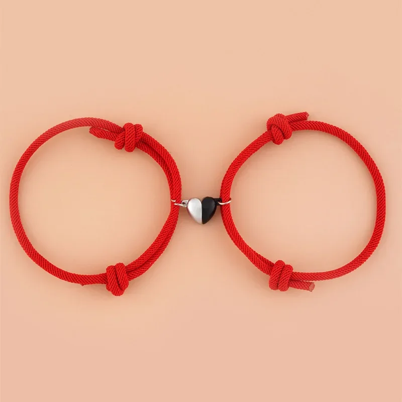 Fashion Black and White Heart Braided Rope Couple Bracelet Magnetic Attraction Shape Adjustable Bracelet Friendship Jewelry