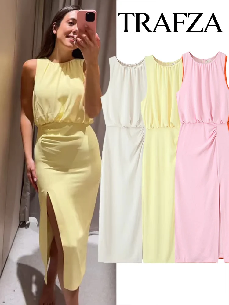 

TRAFZA Women's Summer Holiday Split Solid Crew Neck 4-Color Long Dress Female Elegant Hem Slit Folds Decoration Sleeveless Dress
