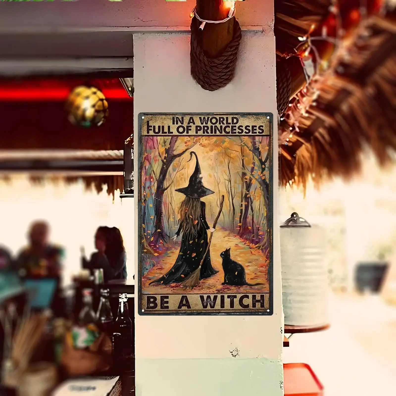 A Metal Wall Art Featuring a Witch and Cat in a Forest Scene - 