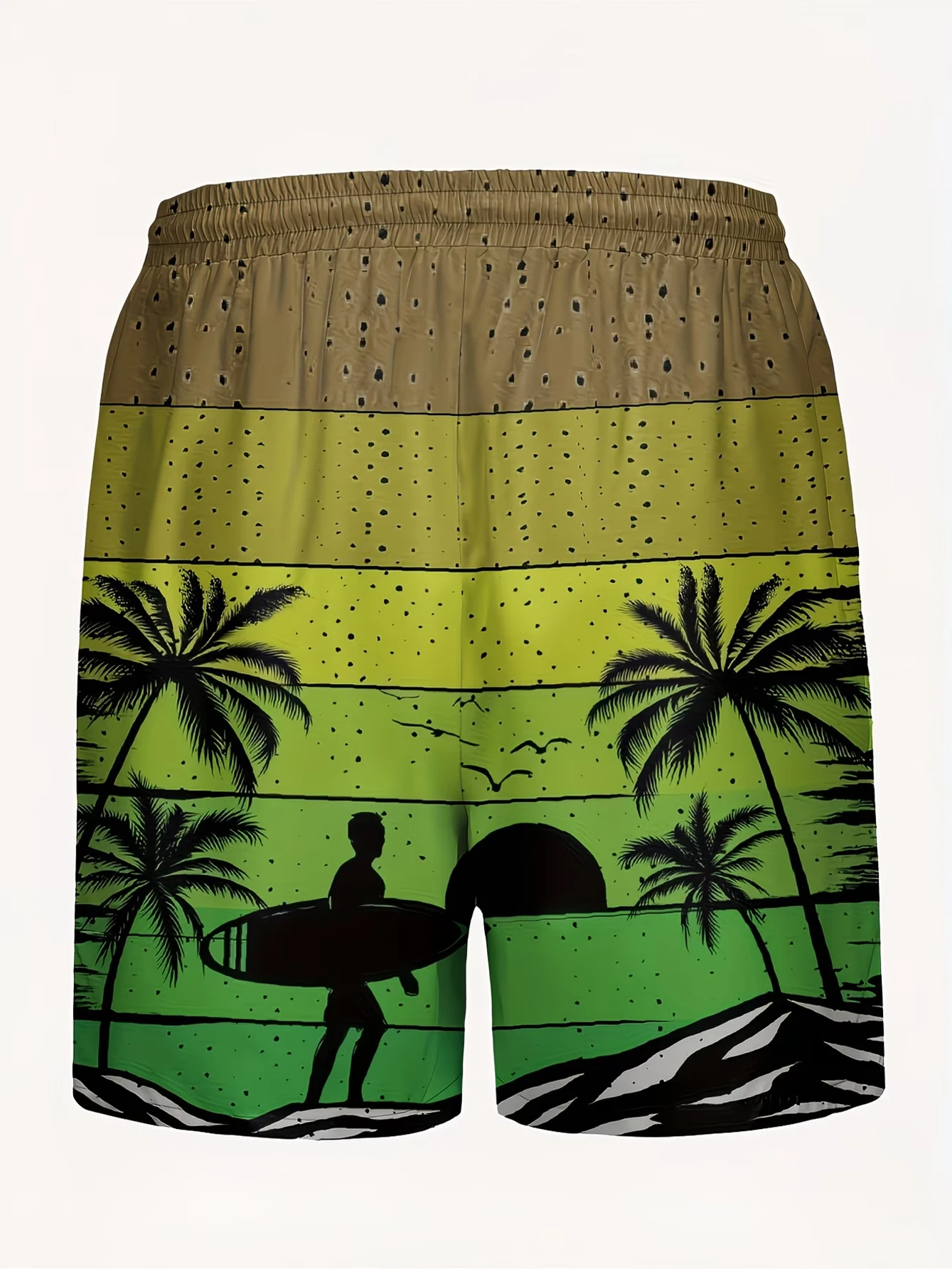 2026 New Men Quick Dry Beach Shorts Retro Green Coconut Tree Surfer Sunset Print Swim Trunks Elastic Drawstring Mesh Lining Casu
