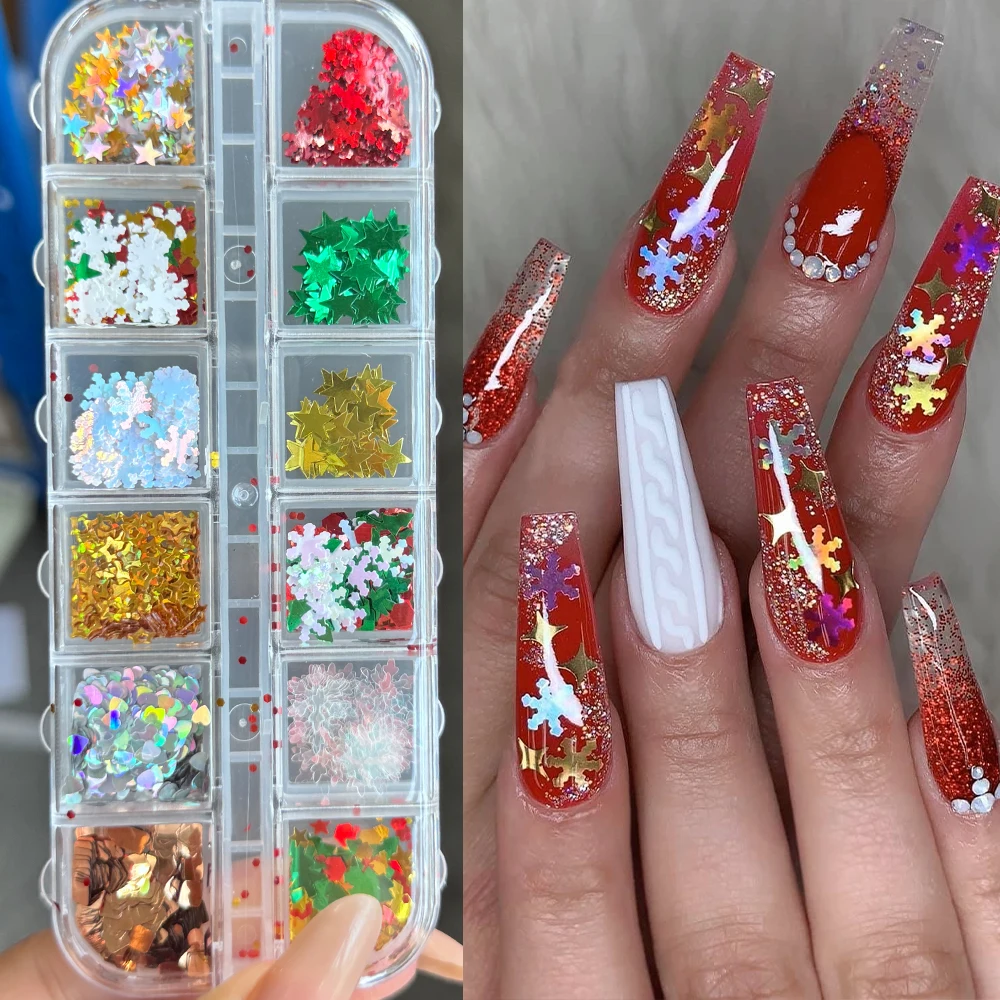

12Grids 3D Sparkly Snowflake Star Nail Sequins Charms Mixed Glitter Holographic Xmas Flakes Nail Supplies for DIY Christmas Deco