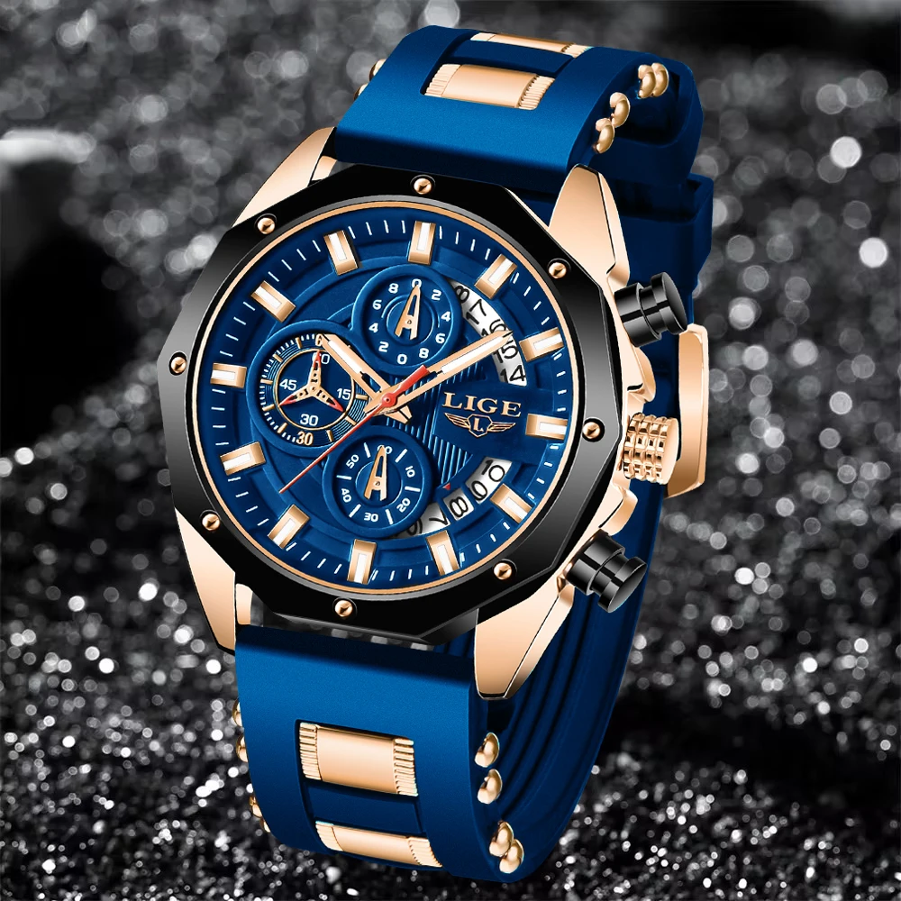LIGE Neue Original Luxus-Armbanduhr mit Blauem Silikonband für Herren, Militär-Sportuhr, Wasserdicht, Chronograph, Modische Business-Quarzuhr