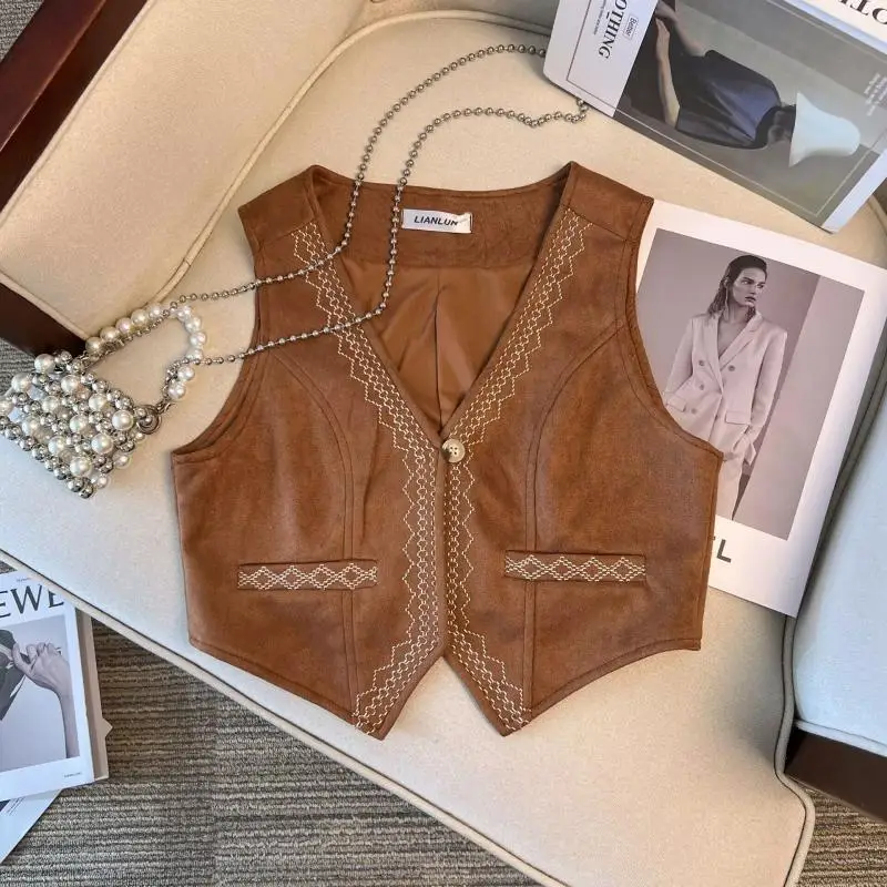 

Vintage Fashion Autumn Women V-Neck Embroidery Button Casual Ethnic Style Sleeveless Loose Cardigan Short Cowboy Coats Vest Tops