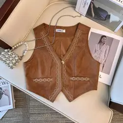 Vintage Fashion Autumn Women V-Neck Embroidery Button Casual Ethnic Style Sleeveless Loose Cardigan Short Cowboy Coats Vest Tops