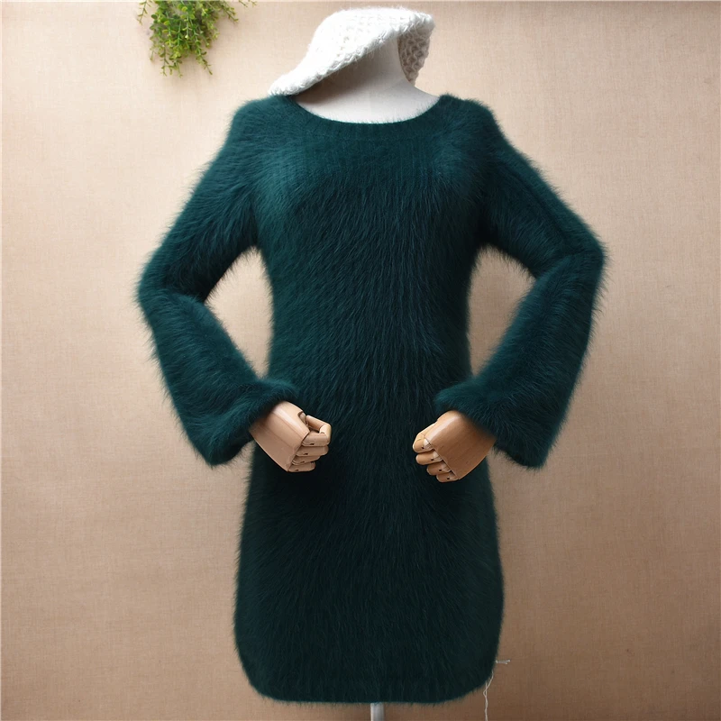 04 Ladies Women Fall Winter Clothing Hairy Plush Mink Cashmere Knitted O-Neck Slim Blouses Angora Fur Long Sweater Dress Pull