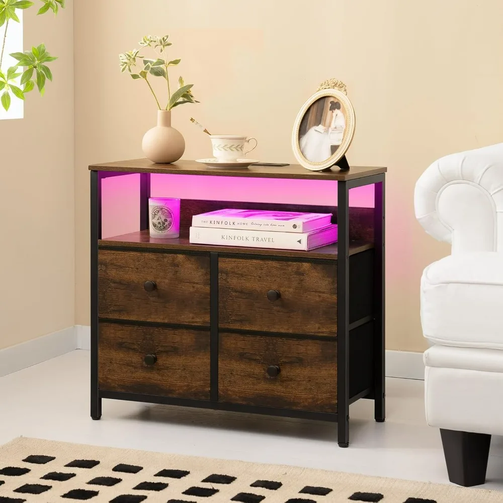 

Nightstands.Night Stand with Charge Station,Nightstand with 4 Drawers Bedside Table, LED Dresser with Storage Shelf,Night Stands