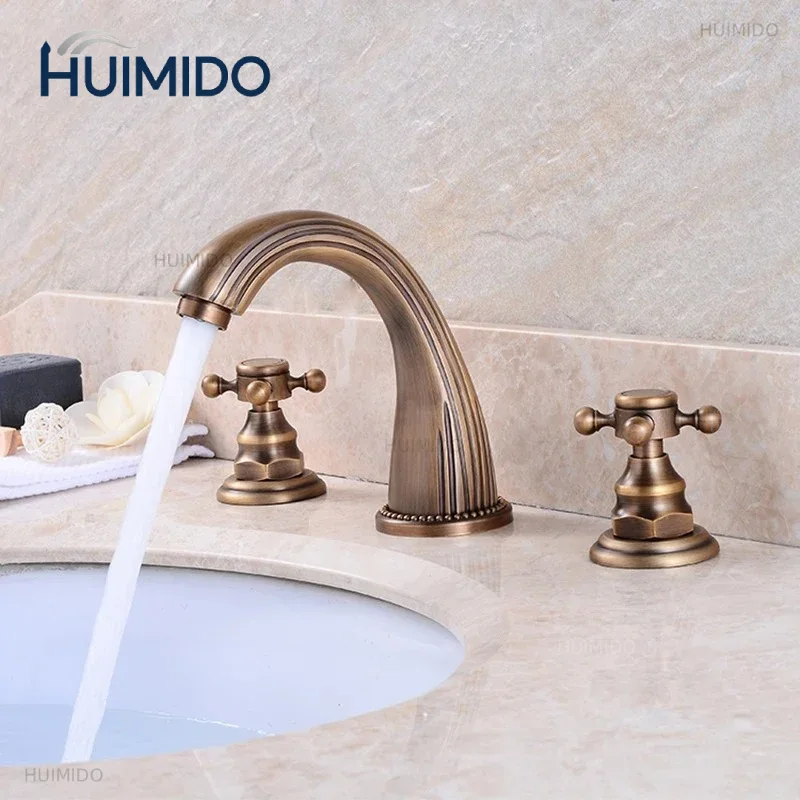 Basin Faucets 3pcs Antique Brass Classic Bathroom Sink Faucet Double Cross Handle 3 Hole Bathbasin Counter Mixer Taps Gold