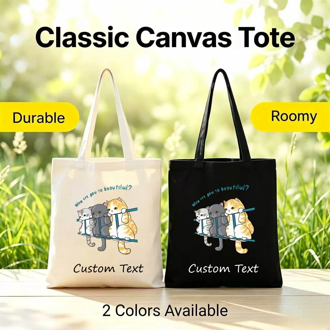1PC Custom Canvas Tote Bag Cute Three Cats On Rail Print Custom Text Eco Reusable Shopping Shoulder Handbag