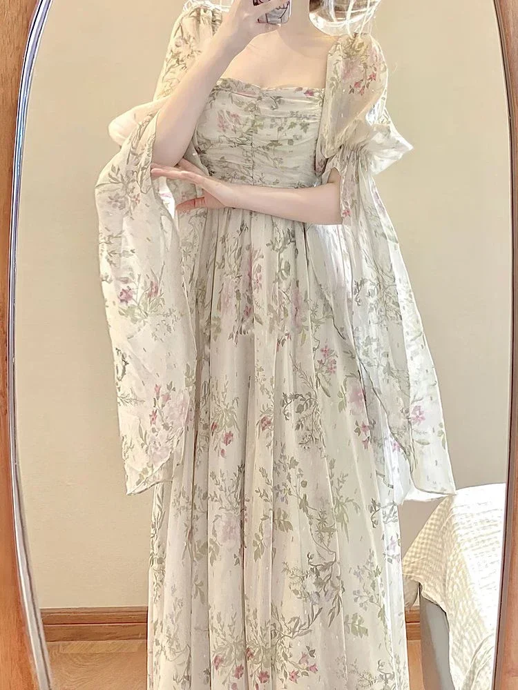 

Woman Beach Casual Long Sleeve Even Party Dress Outwear One Piece Dress Korean Fashion 2025 New French Elegant Floral Midi Dress