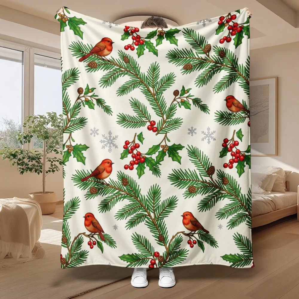 Christmas Pine Branch Red Berry Bird Print Throw Blanket Sofa Couch Manta Soft Bed Decorative Blanket For Bedroom Living Room