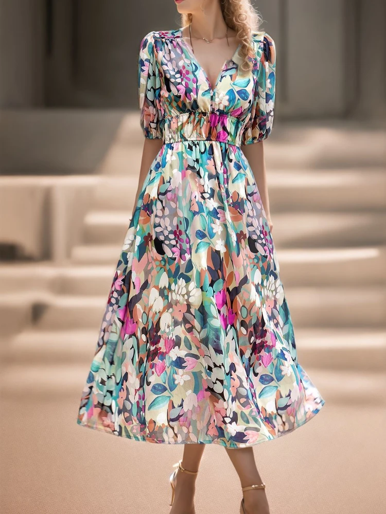 New Boho Floral Print Midi Dress Women Fashion V-Neck Short Sleeve Dresses For Women 2025 Summer Casual Holiday Long Dress