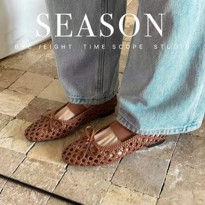 2026 spring summer women sandals natural leather 22-25cm weave microfiber+sheepskin+pigskin round toe butterfly-knot women shoes