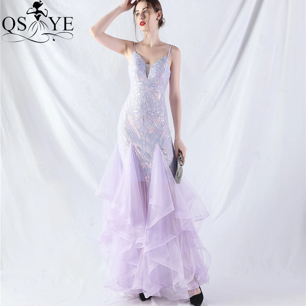 

Ruffles Hem Light Purple Sequin Prom Dress Spaghetti Straps Pattern Lace Evening Gown V neck Lilac Tiered Layers Party Dress