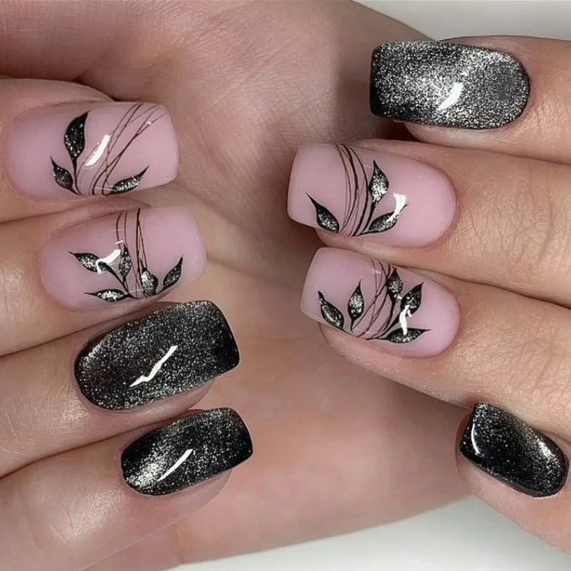 

Black Sparkling Cat Eye Hand Drawn Leaf Line Nail Art Fashion Wearable False Nails Detachable Finished Fake Nails Press on Nails
